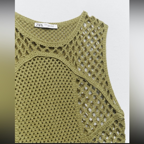 Zara crochet knit cut out handcrafted dress army green / cover up / tunic - Picture 6 of 9
